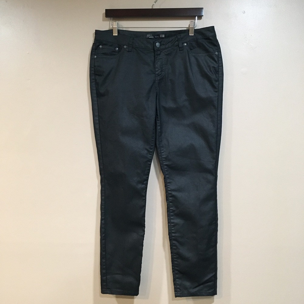 Prana Jett Coated Waxed Pants Women 10/30 Black Goth Moto Streetwear Edgy Skinny - Picture 3 of 15